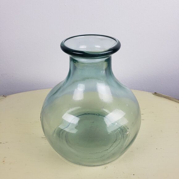 Round Clear Green Blue Glass Balloon Decor Handmade Vase 8” Tall By 8” Wide - Picture 1 of 6